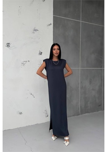 Neşeli Butik Kadın Vatkalı Yırtmaç Detaylı Modal Elbise Nbg010 Antrasit
