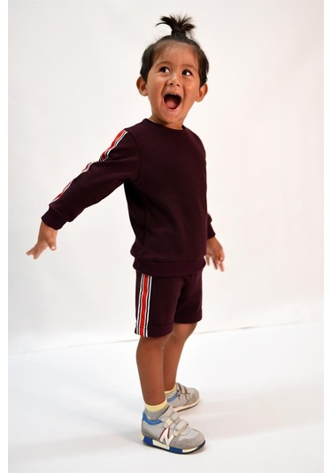 Luess Erkek Çocuk Şerit Detaylı Siyah Alt - Üst Takım Bordo