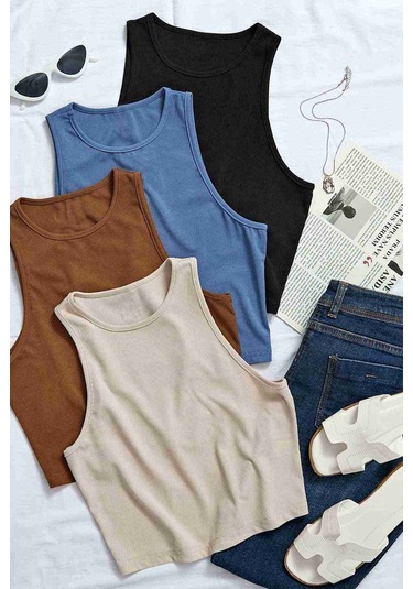 Merry See Tek Renk 1 Adet Kadın Kolsuz Örme Kumaş Bluz Crop Krem 001