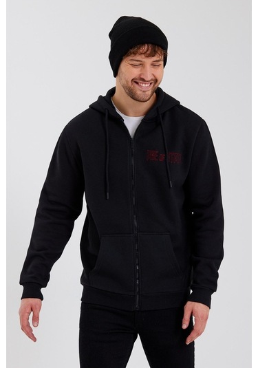 Age Of State Nakışlı Fermuarlı 3 İplik Sweatshirt Siyah