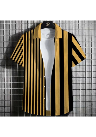 Snapbuy 2025 Erkek 3d Havai Gömlek - Basit Çizgili, Gevşek Nefes, Yazlık Kısa Kolluhaki Haki