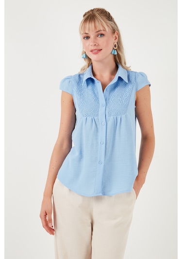 Lela Dantel Detaylı Kısa Kollu Regular Fit Bayan Gömlek 611Go0215 Bebe Mavi