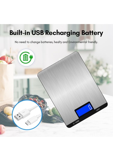 Mufunye "5kg Hassas Mutfak Terazisi - Usb Şarjlı, 7 Birim Seçeneği, Lcd Ekran, Su Geçirmez Paslanmaz Çelik" Siyah