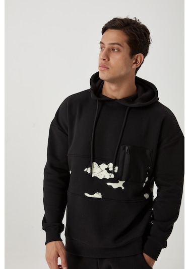 Polostate Erkek Kamuflaj Baskılı Kapüşonlu Sweatshirt Siyah