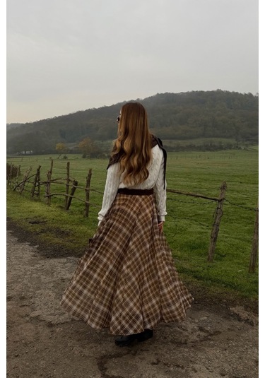 Kahverengi Şifon Ekoseli Etek - 0613 Kahverengi