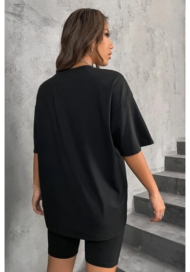 Modagen Kadın Oversize Siyah Brooklyn New York Baskılı Tshirt Tayt Takım Siyahk