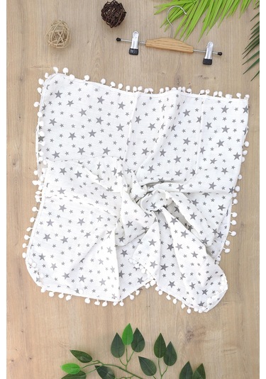 Kız Erkek Bebek Çift Katlı Sevimli Ponponlu Yıldız Müslin Kundak Battaniye Stl6909 Beyaz - Fuşya