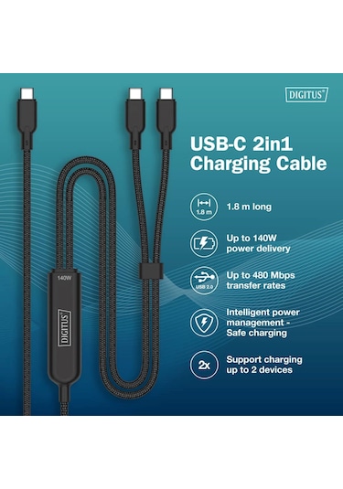 Dıgıtus Usb-c 2in1 Şarj Kablosu, 140w, 1,8 M
