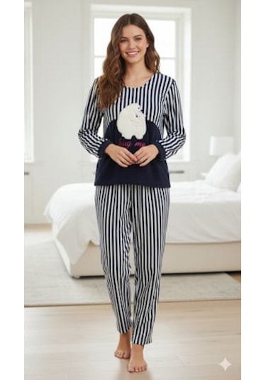 Senfoni Kadın Pijama Takımı Beyaz - Lacivert