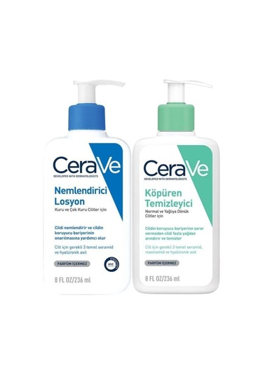 Cerave Kuru ve Çok Kuru Ciltler İçin Nemlendirici Losyon 236 ML + Normal ve Yağlı Ciltler İçin Köpüren Yüz Temizleyici 236 ML
