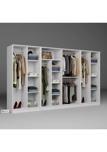 Kardelen Serisi 300 Cm Mat Beyaz 8 Kapılı 13 Raflı Elbise Dolabı - Gardırop Seti Beyaz