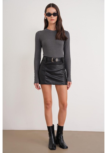 6736 Kadın Bisiklet Yaka Kolu Droplu Triko Kazak Antrasit Antrasit