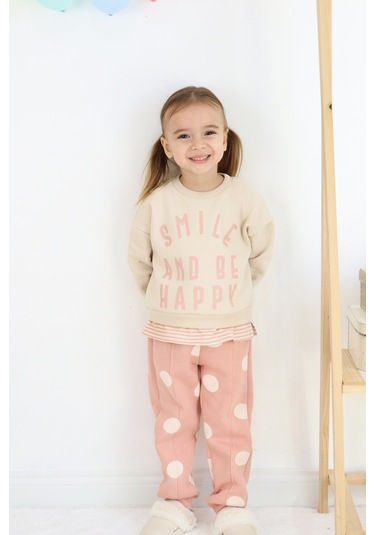 Kız Çocuk Smile And Happy Baskılı Kalın Eşofman Takımı Ekru