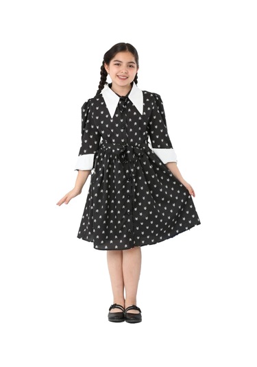 Kız Çocuk Elbise Yaka Ve Manşet Detaylı Boydan Düğmeli Ve Kuşaklı 7-12 Yaş 12420 Siyah