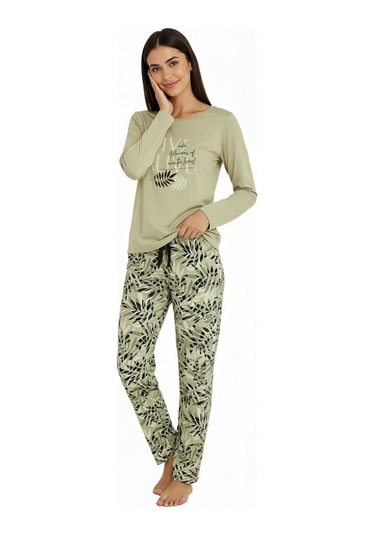 Üstü Yazılı Altı Yaprak Desenli Elite Viscose Pijama Takımı Uzun Yeşil 3559 Yeşil