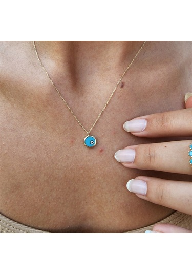 Ala Turkuaz Firuze Mineli Nazar Boncuğu Göz Tasarım Taşsız Modern Hediye Tarz 14 Ayar Altın Kolye