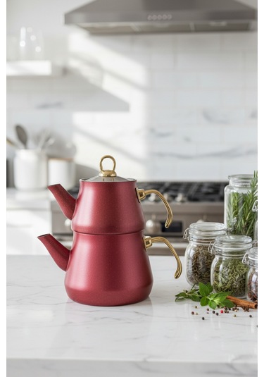 Yunusoğlu Home Granit Kaplama Gold Kulplu Cam Kapak Çaydanlık Bordo Bordo-gold