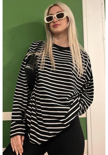 Siyah Çizgili Sweatshirt Mg2572 Siyah