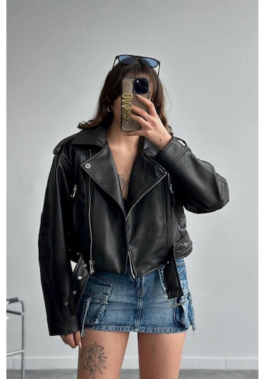 Yeni Sezon Oversize Kadın Siyah Biker Deri Ceket Siyah