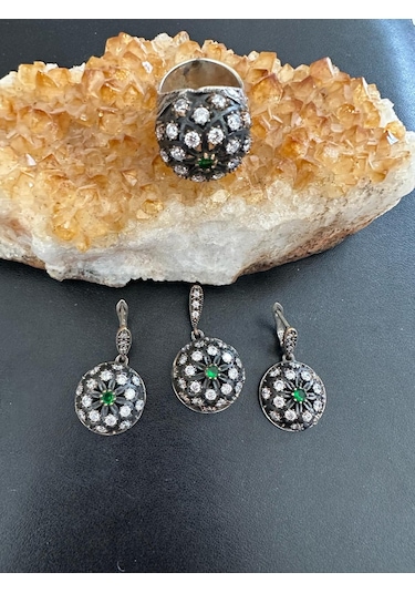 Aysesa Otantik El Yapımı Zirkon Zümrüt Kadın Gümüş Set