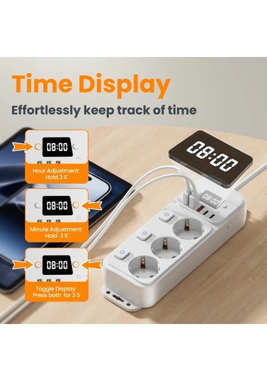 Siyah 5 Ft 9-in-1 Usb Tischsteckdose, Anahtarlar İle, Type-c, Splitter, Eck-design, 1.5/3 Metre Kablo, Aşırı Gerilim Koruması, Ev Ofisi İçin