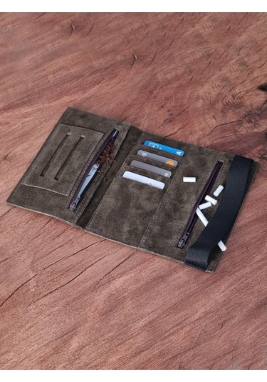 Tütün Kesesi Cüzdan Tütün Çantası Kartlıklı %100 Gerçek Süet Deri Haki Yeşil