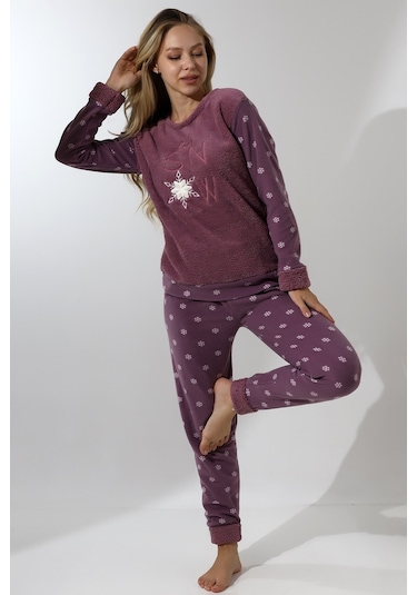 Fawn 5020 Peluş Welsoft Polar Kışlık Yumoş Kadın Pijama Takımı Lila
