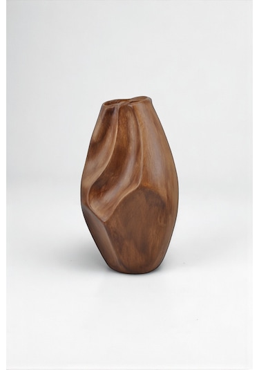 Rune Boho 2'li Ahşap Dokulu Seramik Vazo Seti Kahverengi