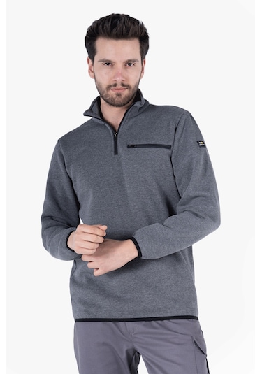 3 İplik Dik Yakalı Fermuarlı Sweatshirt Füme Melanj