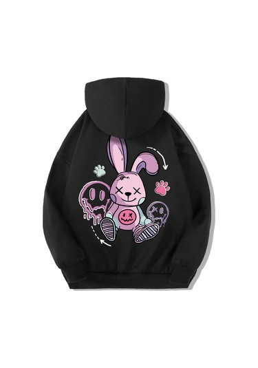 Brz Kids Unisex Çocuk Cartoon Rabbit Hoodie Siyah