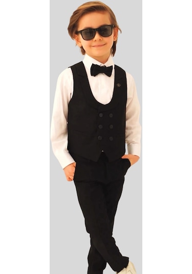 Katlama Detay Yelekli Rozetli Çocuk Takım Elbise Siyah