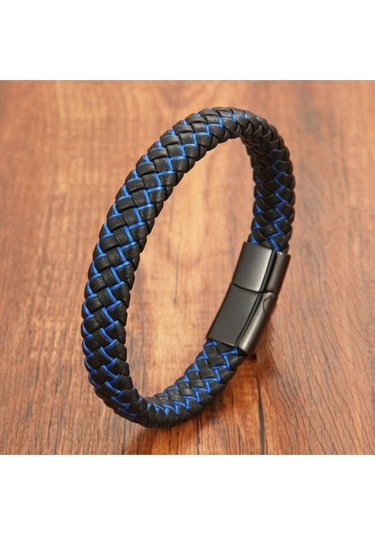 Casera's Mavi Siyah Deri Örgü Ve Çelik Erkek Bileklik Csr2220029