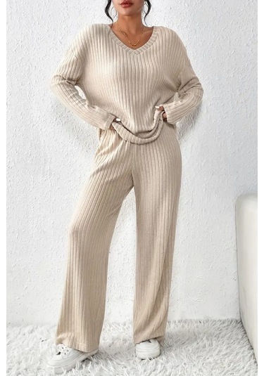 Unisex Bej Raporlu İnterlok Kumaş Eşofman Takımı Rahat Ev Ve Günlük Giyim Bej