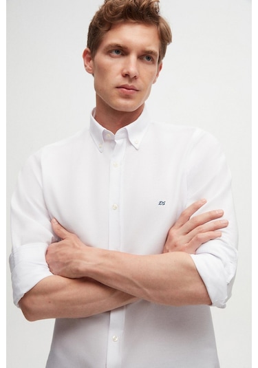 Ds Damat Slim Fit Beyaz Oxford Düğmeli Yaka Kolay Ütülenebilir Nakış Detaylı Pamuklu Gömlek 4HC02ORT03265 Beyaz