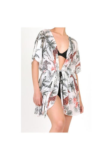 Pareo Plaj Elbisesi Kimono Std Yazlık Oversize Tül Gömlek Kemerli Elbise Tropikal Beyaz