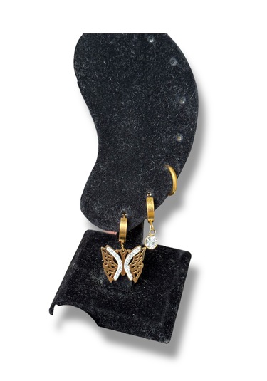 Üçlü Kelebek Sallantılı Taşlı Çelik Küpe Altın