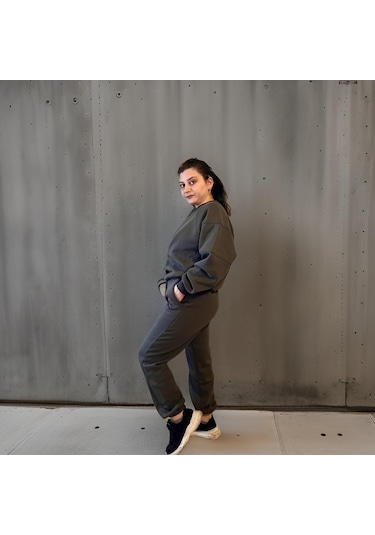 Ceyss Design Unisex Üç İplik Şardonlu Sweatshirt Eşofman Takımı-haki Haki