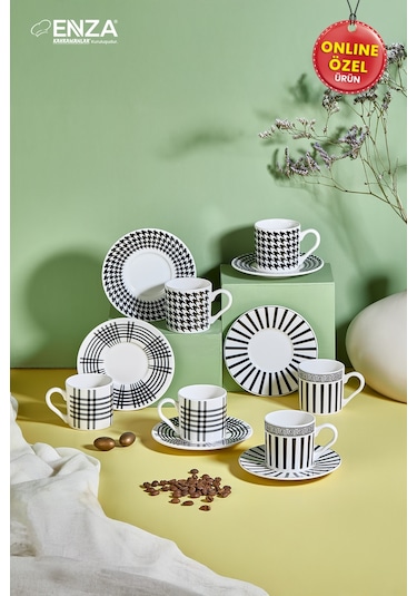 Kahramanlar Hatır 6'lı Porselen Fincan Takımı Siyah - Beyaz