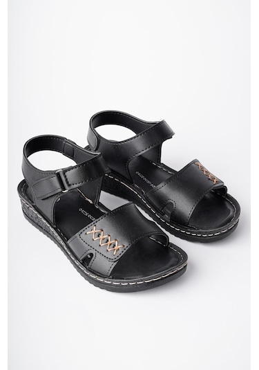 Muggo Salva Garantili Ortopedik Rahat Kalıp Deri Görünümlü Cırtlı Tek Bant Kadın Sandalet Siyah