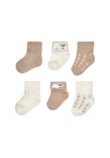 Bebek 6'lı Kuzu Detaylı Çorap %100 Organik Pamuk, Bebek - Yenidoğan - Csyc1005 Ekru