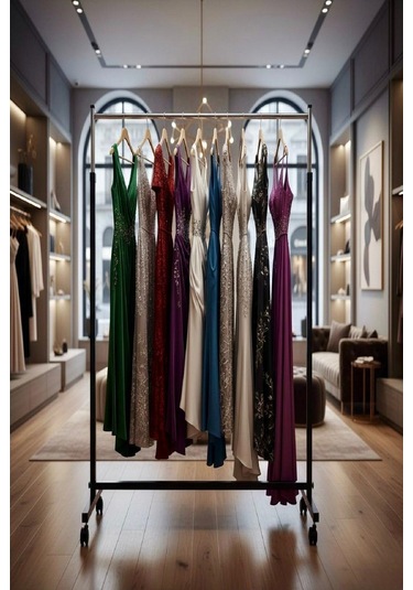 Paslanmaz Metal Askılık Vitrin Konfeksiyon Tekerlekli Demonte Portmanto 150 Cm Hanger Siyah