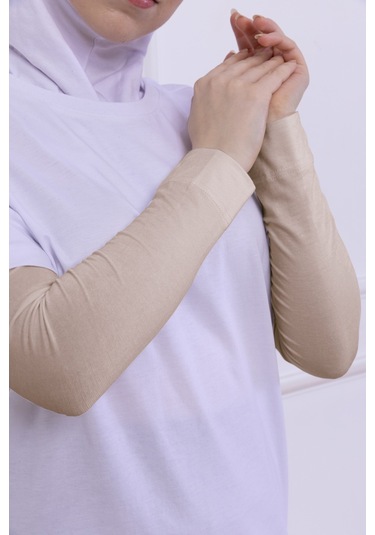 Likralı Penye Kolluk Açık Bej - Pratik Kadın Tesettür Düz Namaz Kolluğu 1 Çift 40cm Viskon Hijab Açık Bej