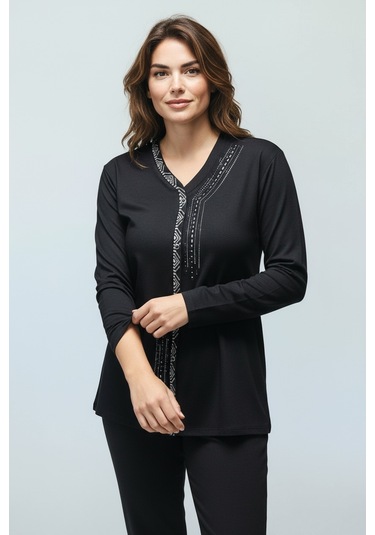 Kadın Önü Kapalı Düğme Detaylı Taşlı Nergis Mevsimlik Bluz Siyah