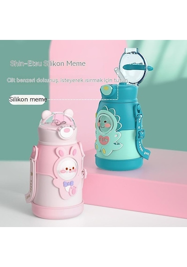 Taşınabilir Çocuk Termos Şişesi 316 Paslanmaz Çelik Öğrenci Pipetli Bardak-yeşil