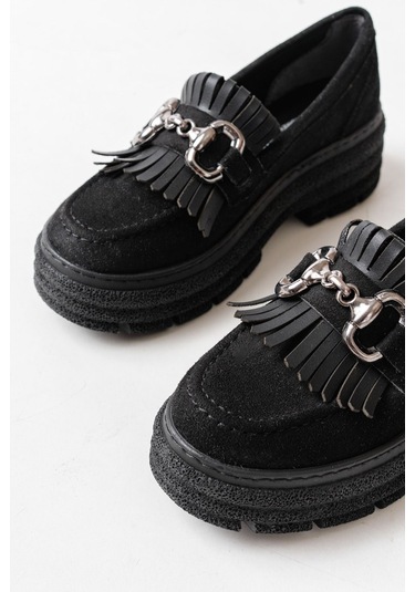 749-750 Siyah Süet Tokalı Günlük Yüksek Tabanlı Loafer Ayakkabı Beyaz