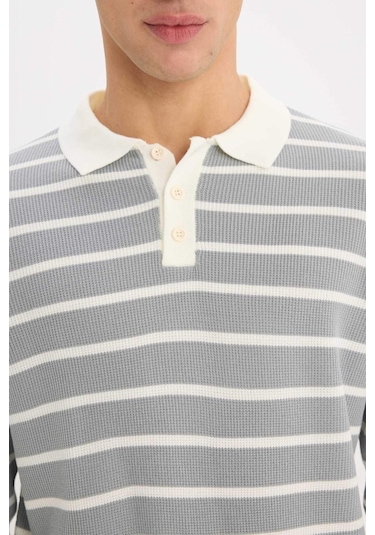 DeFacto Standart Fit Polo Yaka Çizgili Triko Kazak E7604AX24WNGR253