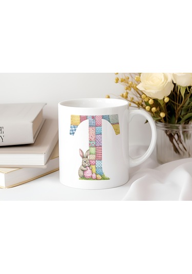 T Harfli Tavşan Kupa - Patchwork / Yamalı Desenli İsme Özel Kupa - Pastel Vintage Tarz Hediyelik Beyaz