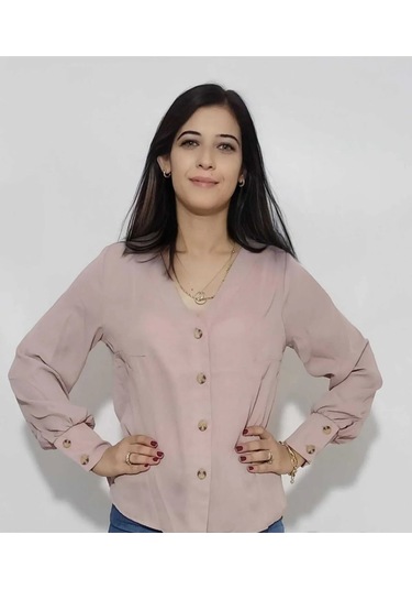Kadın Gömlek Düğmeli Vizon