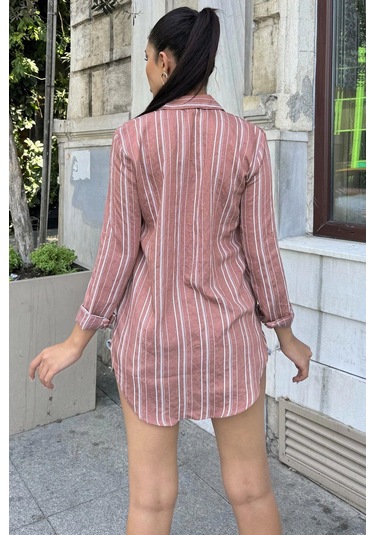 Kadın Gül Kurusu Çizgili Desenli, Uzun Kollu, Rahat Kesim, Dokulu Kumaş Gömlek GÜL KURUSU