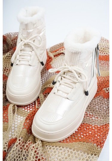 Khayt Violetta Su Geçirmez Kürklü Fermuarlı Kadın Kar Bott Bej